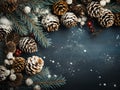 Christmas background - snowy fir branch adorned with pine cones Royalty Free Stock Photo