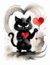 The AI created a black cat with expressive yellow eyes, holding a red heart. Valentine s Day