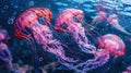 Vivid red jellyfish floating gracefully under blue water. serene marine scene, suitable for nature themes. ai-generated