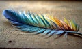 AI created a magical multi-colored feather, lying on the table on a soft cloth