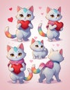 AI created a Set of cute cat in love. Holds a heart, valentine\'s day