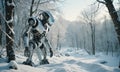 robot walking through the snow covered forest Royalty Free Stock Photo