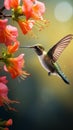 AI creates an image of a humming bird flying to drink nectar from a beautiful flower.