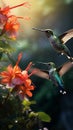 AI creates an image of a humming bird flying to drink nectar from a beautiful flower.