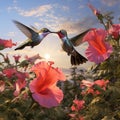 AI creates an image of a humming bird flying to drink nectar from a beautiful flower.