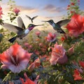 AI creates an image of a humming bird flying to drink nectar from a beautiful flower.