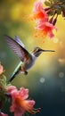 AI creates an image of a humming bird flying to drink nectar from a beautiful flower.