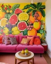 AI creates an image of a living room designed with colorful fruits. Royalty Free Stock Photo