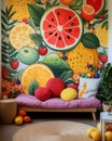 AI creates an image of a living room designed with colorful fruits. Royalty Free Stock Photo