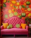 AI creates an image of a living room designed with colorful fruits. Royalty Free Stock Photo