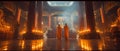 AI creates an image of many monks gathering at a temple to pray and pay to the Buddha