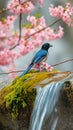 AI creates image of a red-billed blue magpie standing on a moss-covered rock. In the middle of a flower garden Royalty Free Stock Photo