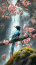 AI creates image of a red-billed blue magpie standing on a moss-covered rock. In the middle of a flower garden Royalty Free Stock Photo