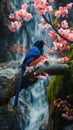 AI creates image of a red-billed blue magpie standing on a moss-covered rock. In the middle of a flower garden Royalty Free Stock Photo