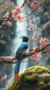 AI creates image of a red-billed blue magpie standing on a moss-covered rock. In the middle of a flower garden Royalty Free Stock Photo