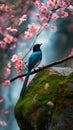 AI creates image of a red-billed blue magpie standing on a moss-covered rock. In the middle of a flower garden Royalty Free Stock Photo