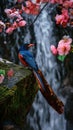 AI creates image of a red-billed blue magpie standing on a moss-covered rock. In the middle of a flower garden Royalty Free Stock Photo