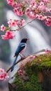 AI creates image of a red-billed blue magpie standing on a moss-covered rock. In the middle of a flower garden Royalty Free Stock Photo