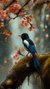 AI creates image of a red-billed blue magpie standing on a moss-covered rock. In the middle of a flower garden Royalty Free Stock Photo