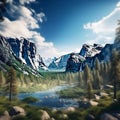 AI creates an image of The spring scene among the mountains is a delightful cks, the landscape exudes tranquility. In the valleys,