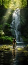 AI creates an image of a woman standing in a waterfall, Royalty Free Stock Photo