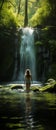 AI creates an image of a woman standing in a waterfall, Royalty Free Stock Photo