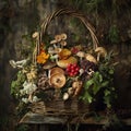 AI creates images of basket with foraged mushrooms and veggies