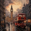 AI creates images, Big Ben, Westminster Bridge and red double decker bus Royalty Free Stock Photo