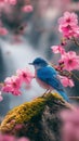 AI creates images of A bluebird perched on a pink cherry blossom tree.