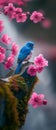 AI creates images of A bluebird perched on a pink cherry blossom tree.