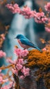 AI creates images of A bluebird perched on a pink cherry blossom tree.