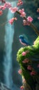 AI creates images of A bluebird perched on a pink cherry blossom tree.