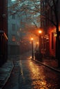 AI creates images of buildings with walkways and lights, European style, in the rainy season,