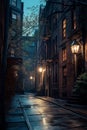 AI creates images of buildings with walkways and lights, European style, in the rainy season,