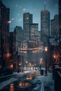 AI creates images of buildings with walkways and lights, European style, in the rainy season,