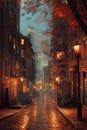 AI creates images of buildings with walkways and lights, European style, in the rainy season,