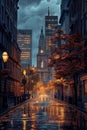 AI creates images of buildings with walkways and lights, European style, in the rainy season,