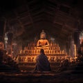 AI creates images, clear photos of monks, priests meditating In front of the Buddha statue, practicing Dhamma