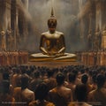 AI creates images, clear photos of monks, priests meditating In front of the Buddha statue, practicing Dhamma