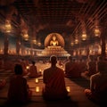AI creates images, clear photos of monks, priests meditating In front of the Buddha statue, practicing Dhamma