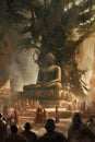 AI creates images, clear photos of monks, priests meditating In front of the Buddha statue, practicing Dhamma