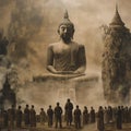 AI creates images, clear photos of monks, priests meditating In front of the Buddha statue, practicing Dhamma