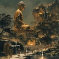 AI creates images, clear photos of monks, priests meditating In front of the Buddha statue, practicing Dhamma