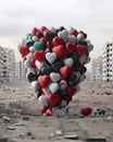 AI creates images of colorful balloons in the shape of hearts amidst the ruins of disasters such as wars,