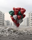 AI creates images of colorful balloons in the shape of hearts amidst the ruins of disasters such as wars