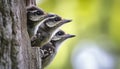 AI creates images of Curious baby WOODPECKERS peeking behind the tree trunk high resolution photography,