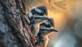 AI creates images of Curious baby WOODPECKERS peeking behind the tree trunk high resolution photography,