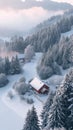 AI creates images of Drone photo of small cottage in forest, in a romantic foggy snowy landscape