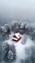 AI creates images of Drone photo of small cottage in forest, in a romantic foggy snowy landscape