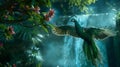 AI creates images of A dynamic scene capturing a green peacock in flight